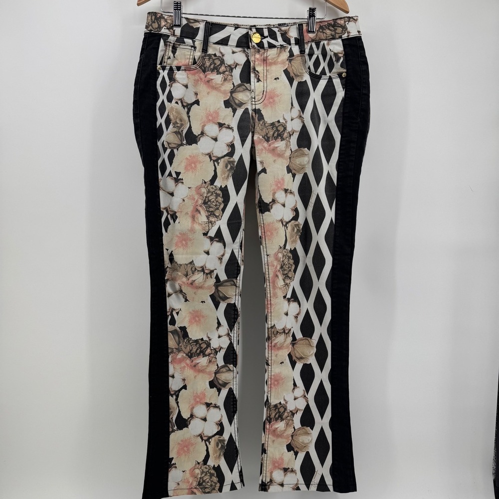 LANCA PERFUME Gold Washed Denim Floral Lattice Slimming Panel Pants Brazil 12/14